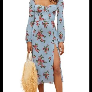Reformation Blue Floral Long Sleeve Dress